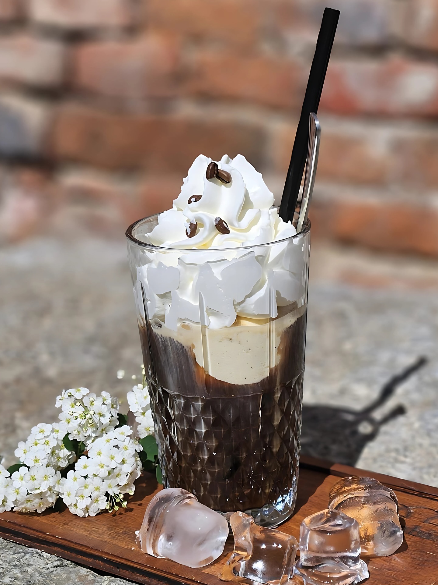 Vysoká sklenice ledové kávy s bohatou šlehačkou na venkovní terase kavárny v Třeboni.